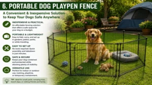 Portable dog playpens provide inexpensive fencing for dogs for camping, patios, gardens, and temporary outdoor play areas.