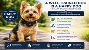 Happy well-trained dog wearing an e collar for small dogs after a successful training session
