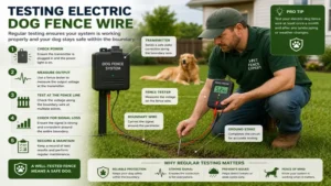 Technician testing electric dog fence wire performance with specialized equipment