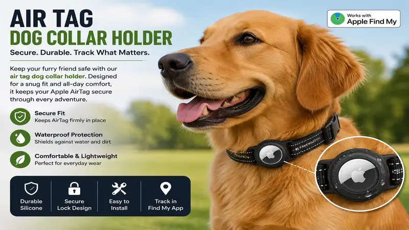 Air tag dog collar holder attached to a durable dog collar for secure Apple AirTag pet tracking.