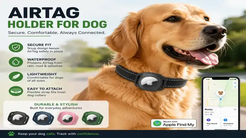 airtag holder for dog attached securely to a dog's collar for reliable pet tracking outdoors.