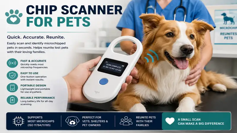 Chip scanner for pets used to quickly identify microchipped dogs and cats at a veterinary clinic