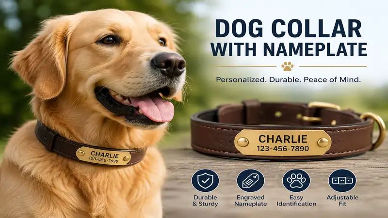 dog collar with nameplate engraved with a pet name and contact information for identification