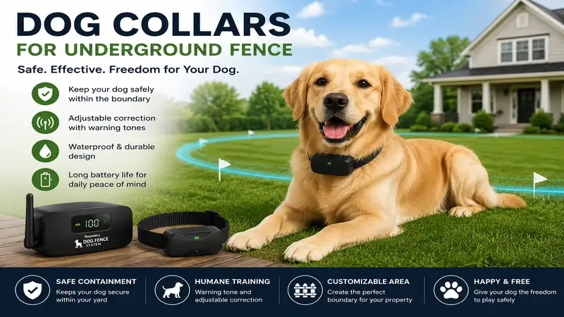 Dog collars for underground fence helping keep dogs safely within a secure wireless boundary