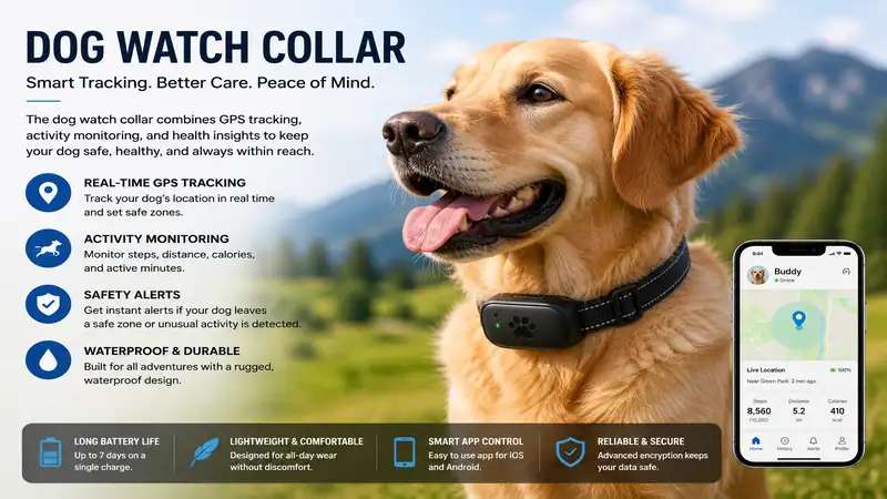 Dog watch collar with GPS tracking and activity monitoring on a happy dog outdoors