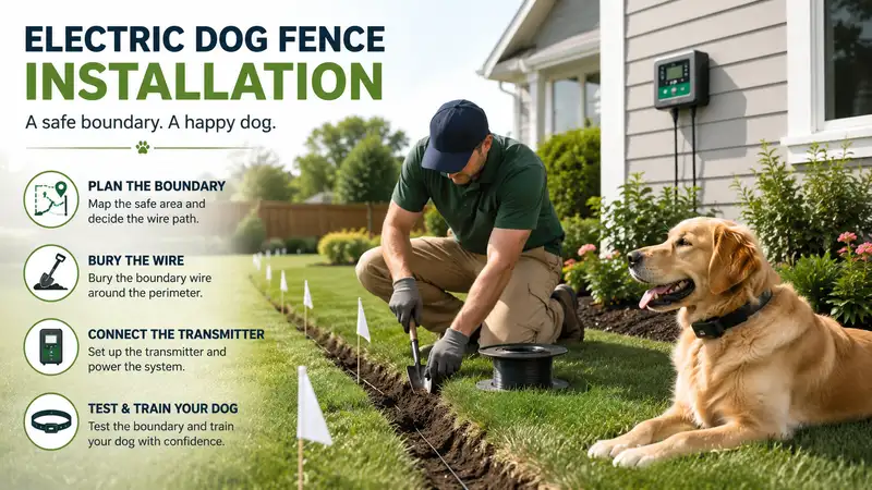 Professional electric dog fence installation around a residential yard for a safe and secure pet boundary.