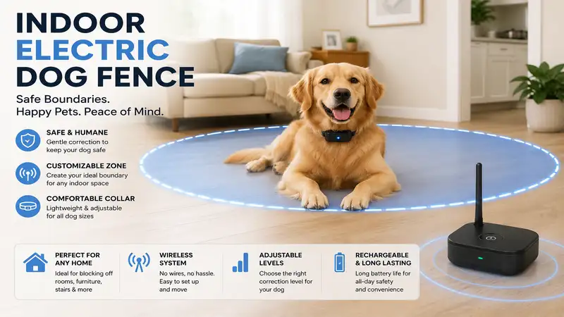 Indoor electric dog fence system creating a safe wireless boundary for dogs inside a modern home.