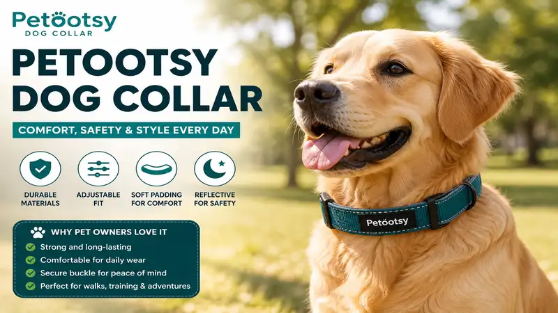 Petootsy dog collar displayed on a happy dog wearing the Petootsy dog collar outdoors