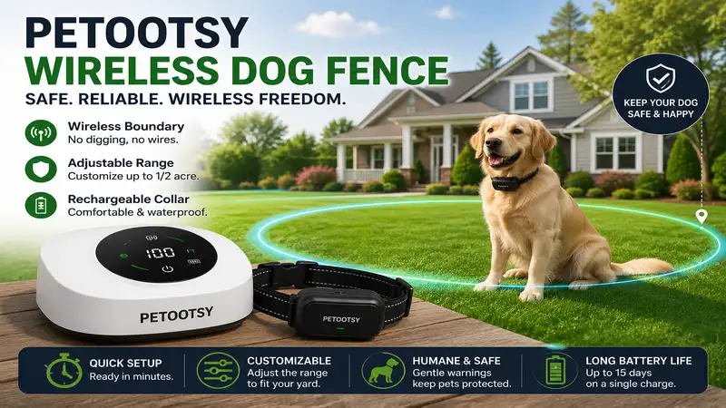Petootsy wireless dog fence system providing a safe wireless boundary for dogs in a large yard