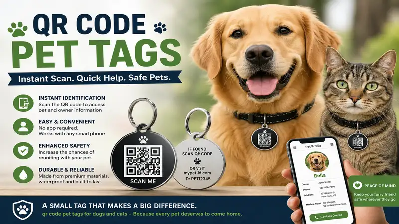 qr code pet tags for dogs and cats with instant digital identification and contact information