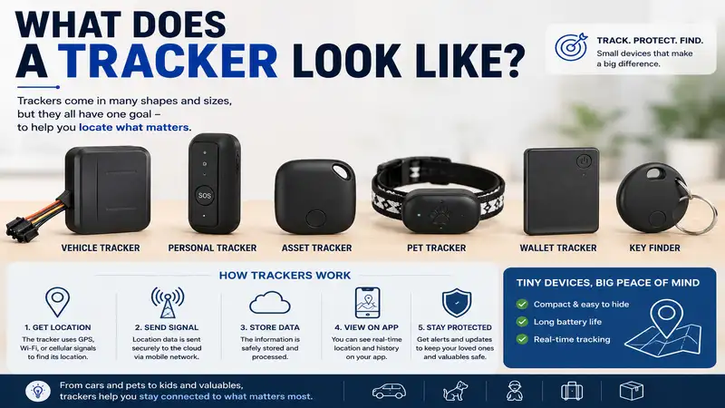 What does a tracker look like? Examples of common GPS trackers in different sizes and designs.