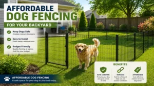 affordable dog fencing installed around a backyard to keep dogs safely contained.
