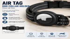 Close-up of an air tag dog collar holder showing a secure fit on a dog collar.