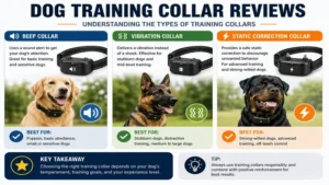 Dog training collar reviews showing vibration, beep, and static correction collar types.