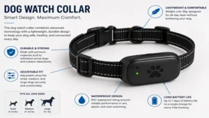 Dog watch collar featuring a durable adjustable strap and lightweight smart tracker