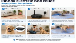 Step-by-step setup of an indoor electric dog fence in a living room for effective pet containment.