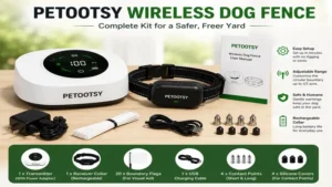 Petootsy wireless dog fence kit with transmitter, receiver collar, and charging accessories
