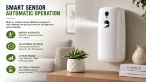 Smart sensor features of an automatic deodorizer dispenser with motion detection and automatic spray