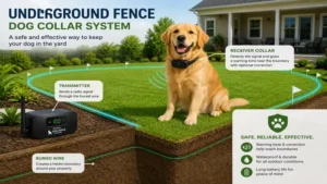Dog collars for underground fence connected to a buried wire containment system in a backyard