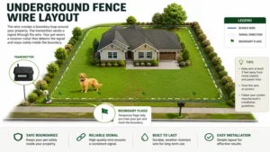 Property layout showing wire for underground fence around a backyard boundary