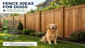 Fence ideas for dogs using a sturdy wooden privacy fence to keep pets secure.