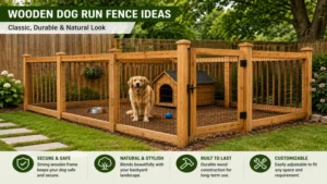 Wooden dog run fence ideas with a durable frame and natural backyard design