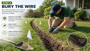 Electric dog fence installation with the boundary wire being buried in a shallow trench around the yard.