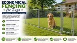 Chain-link economical fencing for dogs creating a durable and low-cost play area