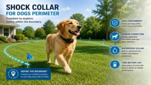 Dog wearing a shock collar for dogs perimeter while exploring a safe fenced-free yard.