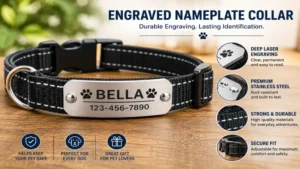 dog collar with nameplate featuring a durable engraved metal identification plate