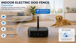 Wireless transmitter for an indoor electric dog fence installed to define safe pet boundaries indoors.
