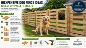 Inexpensive dog fence ideas featuring a DIY wooden pallet fence for budget-conscious pet owners