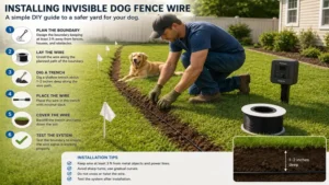 Homeowner installing invisible dog fence wire in a shallow trench around the yard