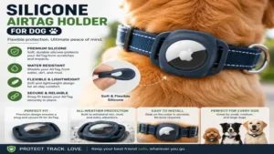 Flexible silicone airtag holder for dog designed to protect an AirTag during walks and play.