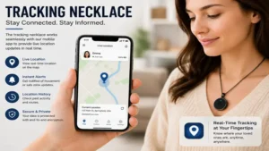 Tracking necklace connected to a mobile app showing live location updates.