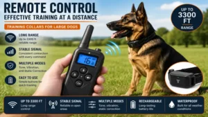 Training collars for large dogs with remote control for convenient long-distance obedience training.