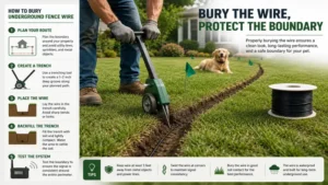Step-by-step process of burying wire for underground fence in a grassy yard