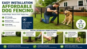 Easy installation of affordable dog fencing in a family backyard with simple fencing panels.
