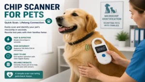 Chip scanner for pets scanning a dog's implanted microchip for owner identification