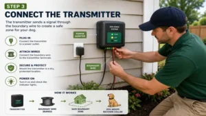 Electric dog fence installation showing the transmitter connected to the boundary wire and power source.