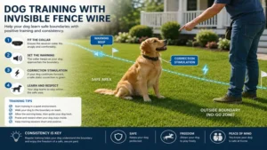 Dog training session using invisible dog fence wire and a receiver collar system