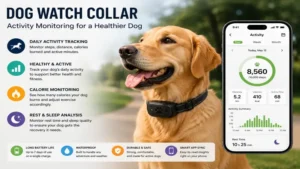 Dog watch collar monitoring daily activity, steps, and exercise for a healthy pet