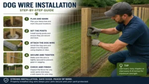 step-by-step dog wire installation along a fence line for pet protection
