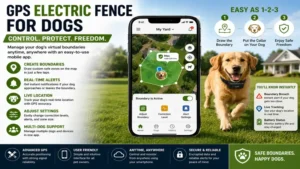 GPS electric fence for dogs managed through a mobile app for easy boundary setup and monitoring