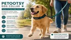 Dog enjoying a daily walk while wearing the Petootsy dog collar in a park setting