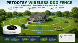 Petootsy wireless dog fence showing adjustable coverage area for different yard sizes