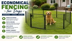 Portable economical fencing for dogs with modular panels for flexible backyard layouts