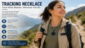 Tracking necklace worn outdoors for reliable location tracking during daily activities.