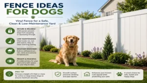 Fence ideas for dogs featuring a low-maintenance vinyl fence for residential yards.