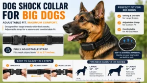 Dog shock collar for big dogs with an adjustable strap providing a secure and comfortable fit for large breeds.